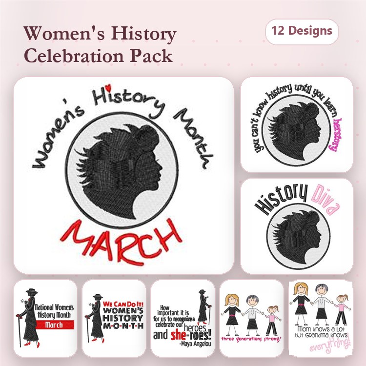Women's History Celebration Embroidery Designs Bundle – Empowered Women Silhouette, Women in History, Girl Power & More (12 Designs)
