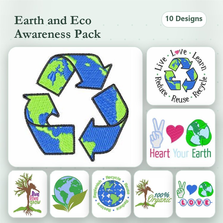 Earth Awareness Embroidery Bundle – Recycle Symbol, Earth Globe with Tree, Peace Hand Sign & More (10 Designs)