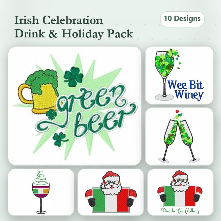 Irish Celebration Drinks Embroidery Designs Bundle – Beer Mug with Shamrock, Green Beer, Cocktail Glass & More (10 Designs)