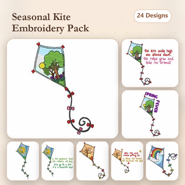 Kite Embroidery Designs Bundle – Kite with Tree and Sun, Kite with Rainbow, Kite with Clouds & More (24 Designs)