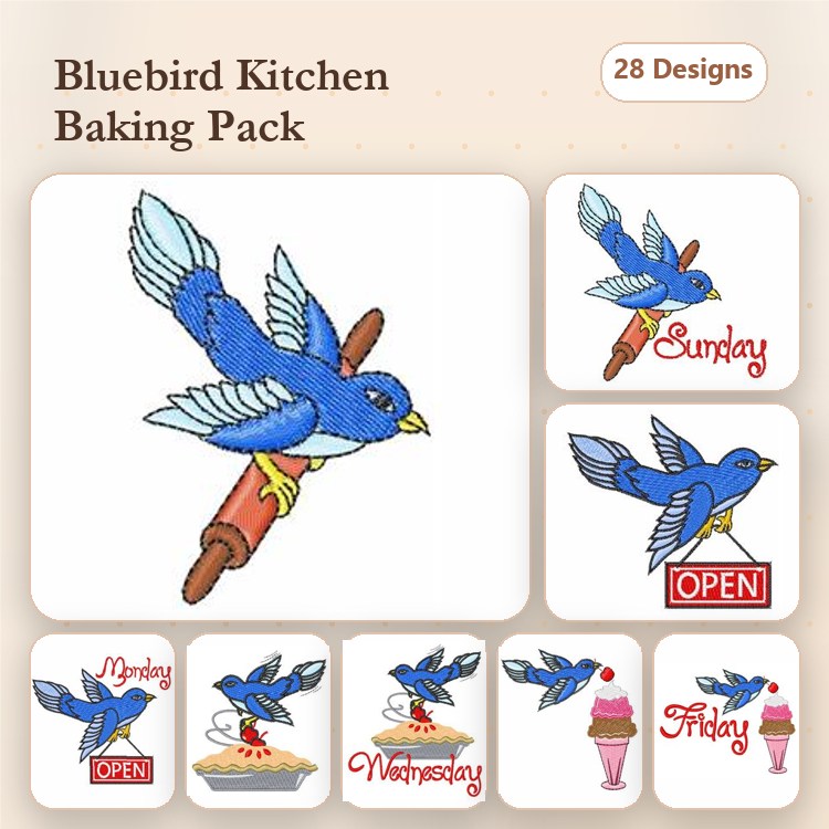 Baking with Bluebirds Embroidery Designs Bundle – Bluebird with Rolling Pin, Ice Cream Sundae Bluebird & More (28 Designs)