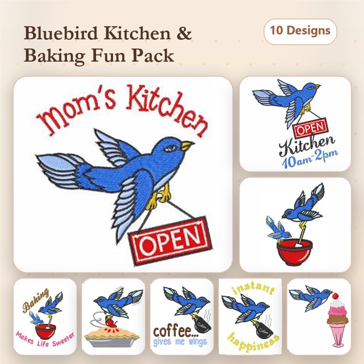Bluebird Kitchen Embroidery Designs Bundle – Bluebird with Cupcake, Baking with Love, & More (10 Designs)