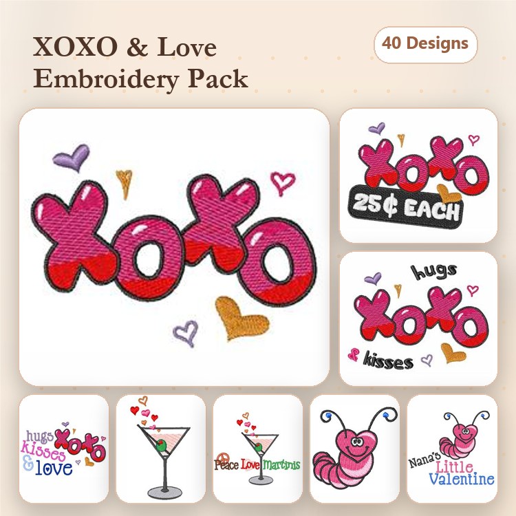 Love and Affection Embroidery Designs Bundle – XOXO Text, Hugs and Kisses Text, Valentine Caterpillar & More (40 Designs)
