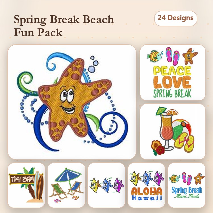 Spring Break Beach Themes Embroidery Designs Bundle – Starfish Character, Spring Break Cocktail, Tiki Bar & More (24 Designs)