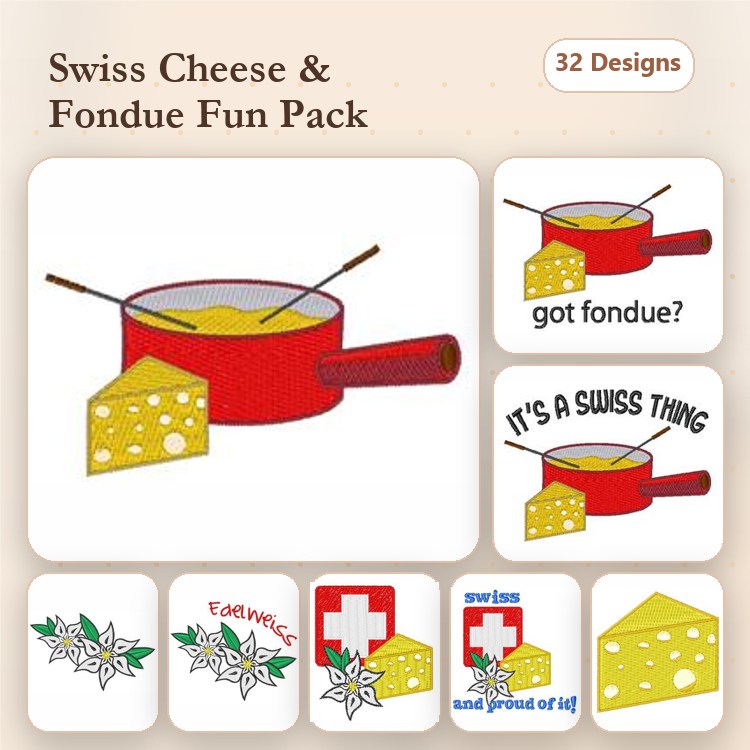 Swiss Cheese & Fondue Embroidery Designs Bundle – Fondue Pot with Cheese, Got Fondue?, Swiss Flag with Cheese & More (32 Designs)