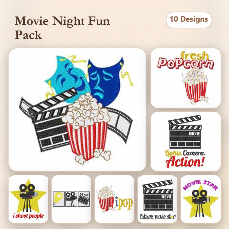 Movie Night Themes Embroidery Designs Bundle – Theater Masks, Popcorn Bucket, Movie Clapboard & More (10 Designs)