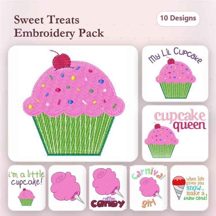 Sweet Treats Embroidery Designs Bundle – Cupcake, Candy, Cotton Candy, Ice Cream Cone & More (10 Designs)