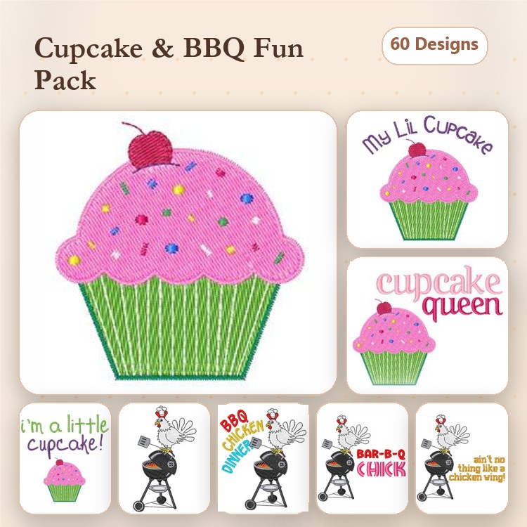 Cupcake & BBQ Embroidery Designs Bundle – Cupcake with Cherry, BBQ Griller, & More (60 Designs)