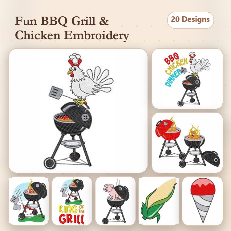 BBQ Grill and Chicken Embroidery Designs Bundle – King of the Grill, BBQ Grill with Chicken, Chicken with Spatula & More (20 Designs)