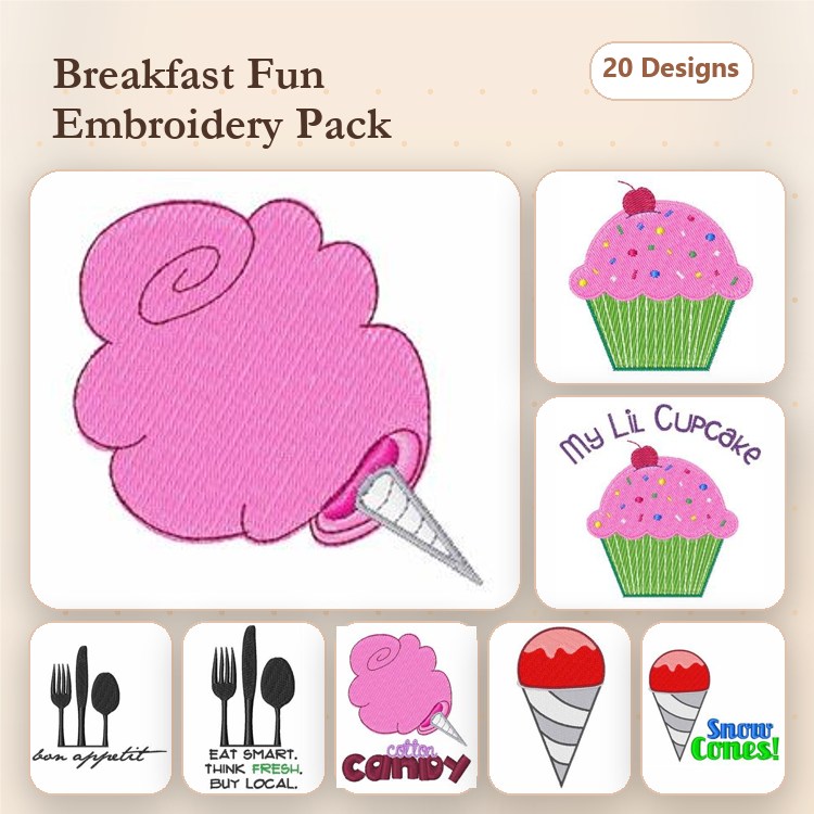 Breakfast & Dessert Embroidery Designs Bundle – Cotton Candy, Cupcake with Sprinkles, Ice Cream Cone & More (20 Designs)