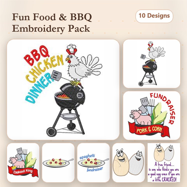 BBQ & Food Embroidery Designs Bundle – Grilling Chicken, BBQ Dinner Text, Cordial King & More (10 Designs)