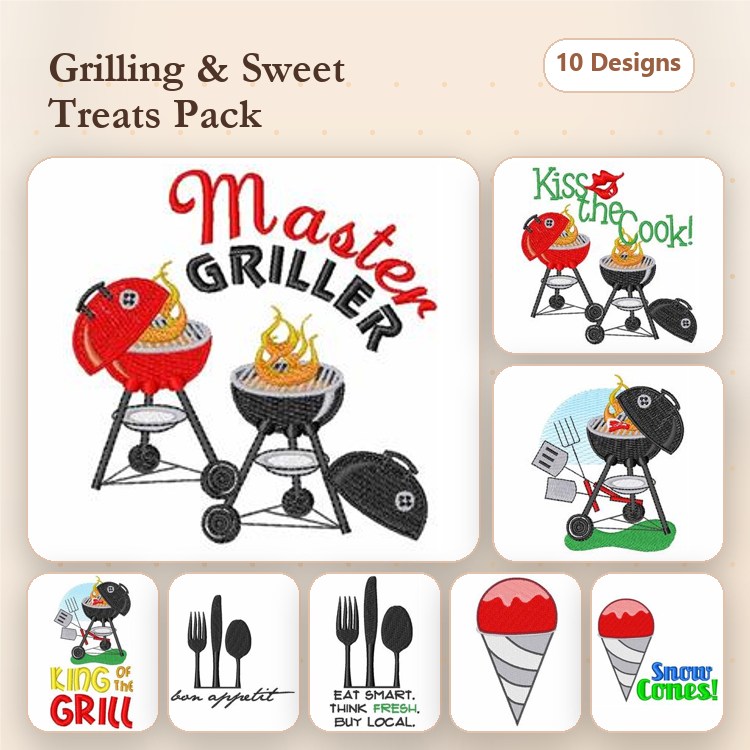 Grilling and Sweet Treats Embroidery Designs Bundle – Master Griller, Kiss the Cook, Ice Cream Cone & More (10 Designs)