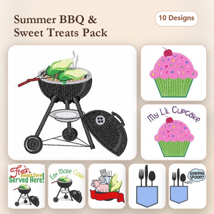 BBQ and Sweet Treats Embroidery Designs Bundle – Grill with Corn, Cupcake with Sprinkles, Fork and Knife & More (10 Designs)