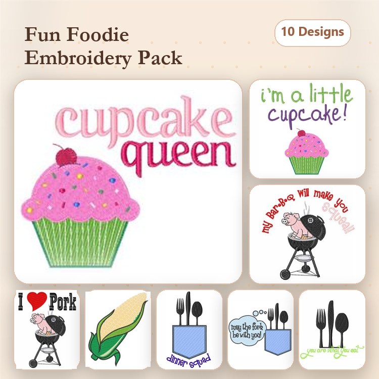 Foodie Embroidery Designs Bundle – Cupcake Queen, Barbecue Grill with Pig, Fork and Spoon & More (10 Designs)
