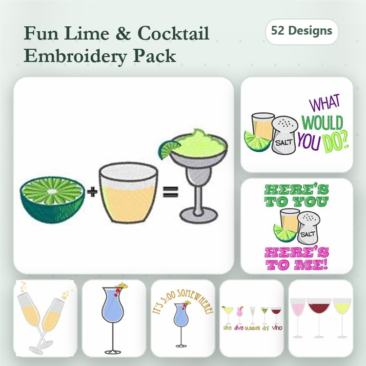 Cocktails & Limes Embroidery Designs Bundle – Lime Slice, Cocktail Glass with Lime & More (52 Designs)