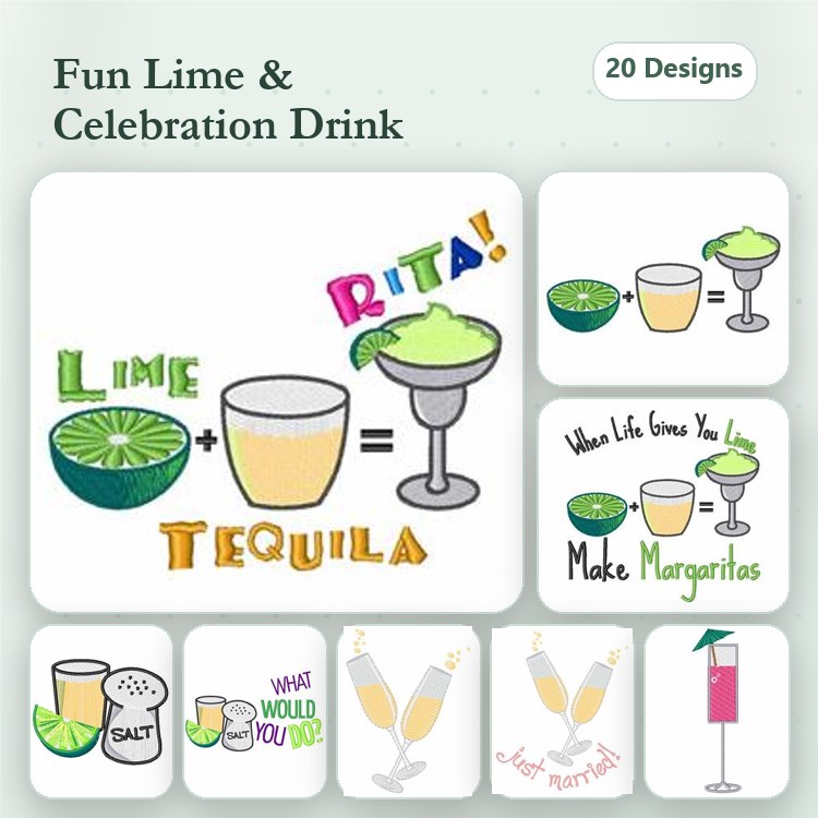 Cocktails and Celebrations Embroidery Designs Bundle – Margarita Glass, Lime Slice, Cheers & More (20 Designs)