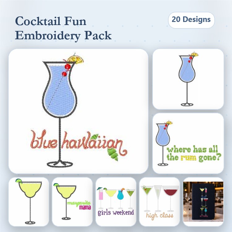 Cocktail Embroidery Designs Bundle – Blue Hawaiian Cocktail, Margarita Cocktail, Girls Weekend Cocktail & More (20 Designs)