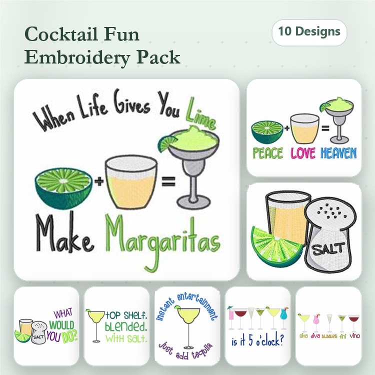 Cocktail-Themed Embroidery Designs Bundle – Margarita Glass, Lime Slice, Salt Shaker & More (10 Designs)