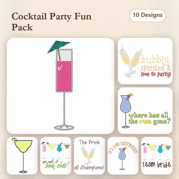 Cocktail Party Embroidery Designs Bundle – Pink Drink Glass, Bubbly, Tequila Sunrise & More (10 Designs)