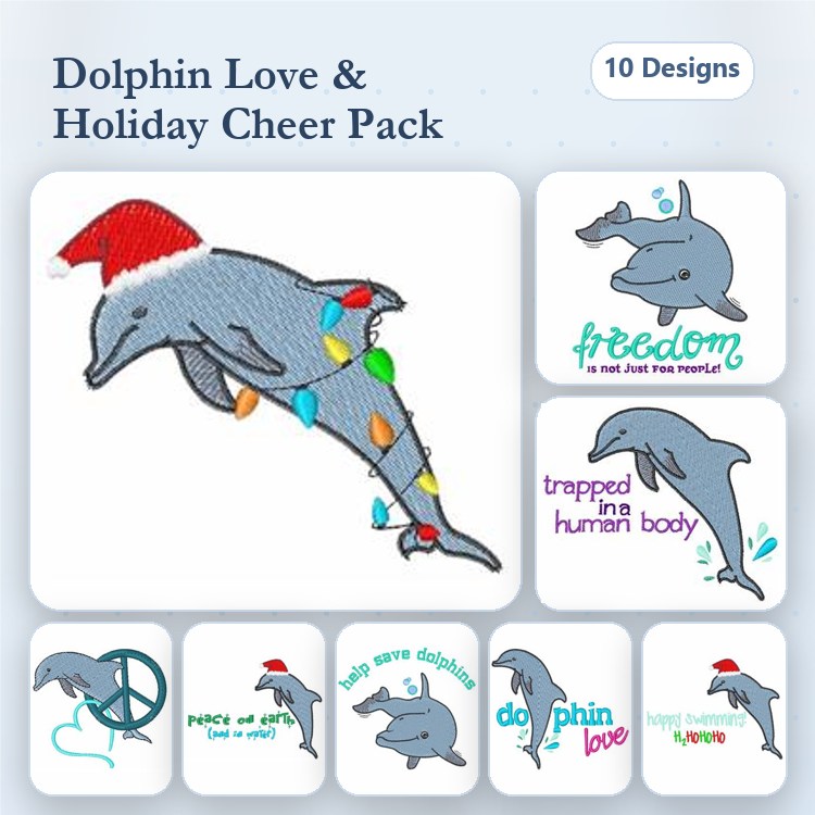 Dolphins & Holiday Embroidery Designs Bundle – Dolphin in Santa Hat, Dolphin with Christmas Lights & More (10 Designs)