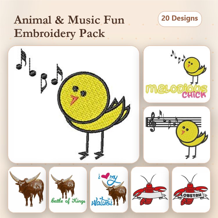 Animals and Music Embroidery Designs Bundle – Chick with Music Notes, Longhorn Steer, Crabs & More (20 Designs)