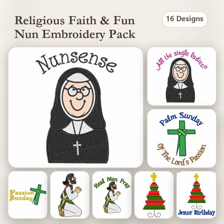 Religious Nun Embroidery Designs Bundle – Nun with Glasses, Palm Sunday Cross, Jesus Birthday & More (16 Designs)