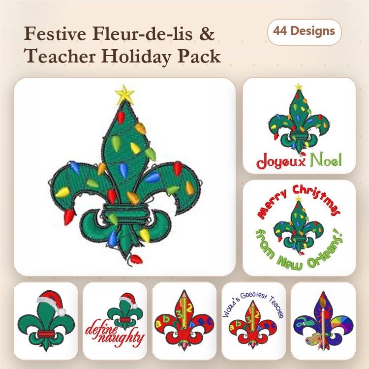 Fleur-de-lis & Holiday Embroidery Designs Bundle – Festive Fleur-de-lis, Naughty or Nice & More (44 Designs)