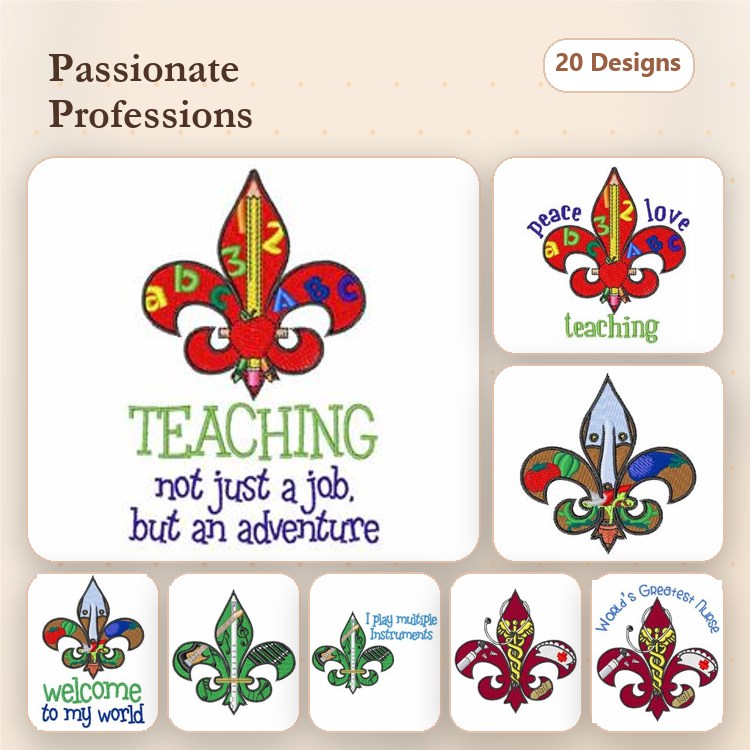 Teaching Embroidery Designs Bundle – Teaching Fleur-de-lis, Creative Minds, Adventure in Teaching & More (20 Designs)