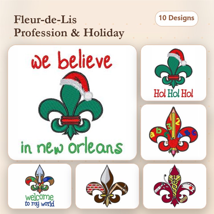 Fleur-de-Lis Holiday Embroidery Designs Bundle – Santa Hat, Holiday Text, Colorful Patterns & More (10 Designs)