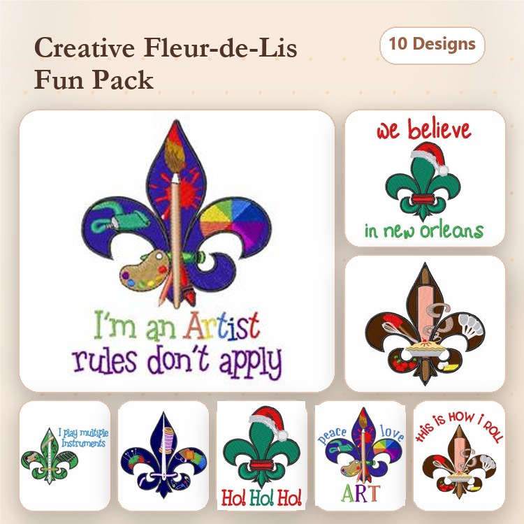Fleur-de-Lis Embroidery Designs Bundle – Colorful Fleur-de-Lis, Mardi Gras Enthusiasm, & More (10 Designs)