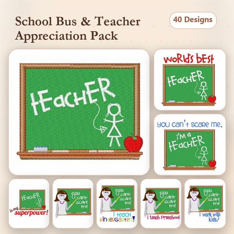 School Bus & Teacher Appreciation Embroidery Designs Bundle – World's Best Teacher, You Can't Scare Me, I'm a Teacher & More (40 Designs)