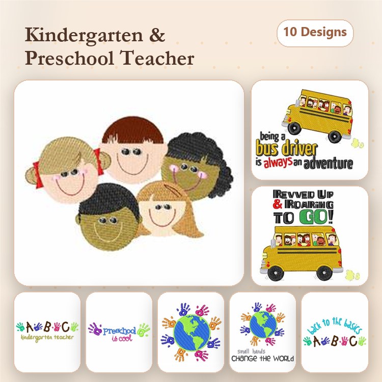Kindergarten & Preschool Embroidery Designs Bundle – Kids Faces, School Bus, Handprint Art & More (10 Designs)