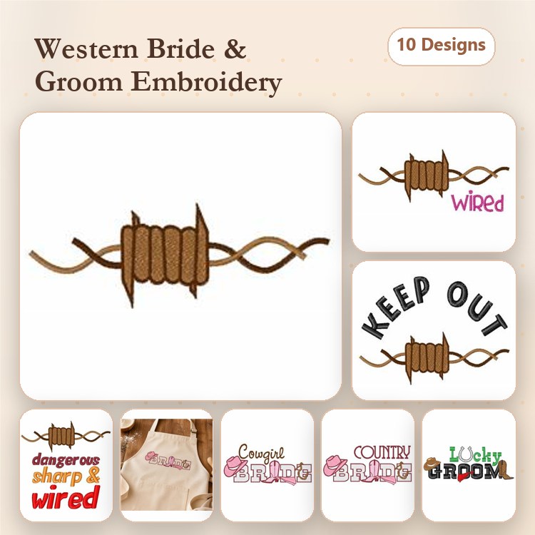 Western Bride & Groom Embroidery Designs Bundle – Wired Spool, Congratulation Bride, Country Bride & More (10 Designs)
