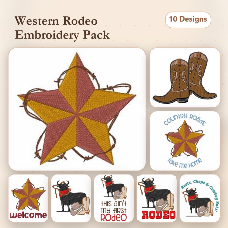 Western Rodeo Embroidery Designs Bundle – Star with Barbed Wire, Cowboy Boots, Rodeo Bull & More (10 Designs)