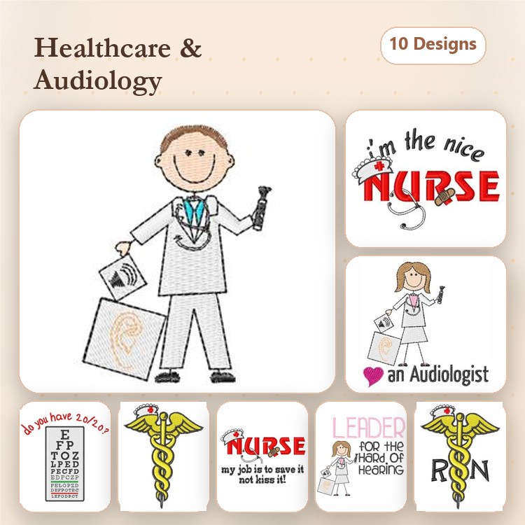Healthcare & Audiology Embroidery Designs Bundle – Smiling Nurse, Audiologist with Ear, Nurse Heart & More (10 Designs)