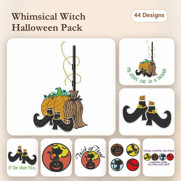 Halloween Embroidery Designs Bundle – Witch Broom with Pumpkins, Witch Hat, Mustache Halloween & More (44 Designs)