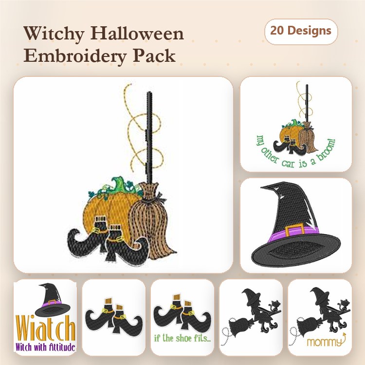 Witch-themed Halloween Embroidery Designs Bundle – Witch Hat, Broomstick with Pumpkins, Cat with Hat & More (20 Designs)