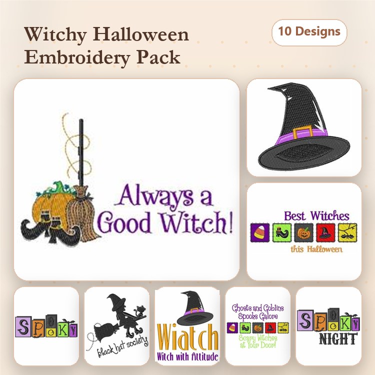 Witch-Themed Halloween Embroidery Designs Bundle – Always a Good Witch, Witch Hat, Pumpkin with Cauldron & More (10 Designs)