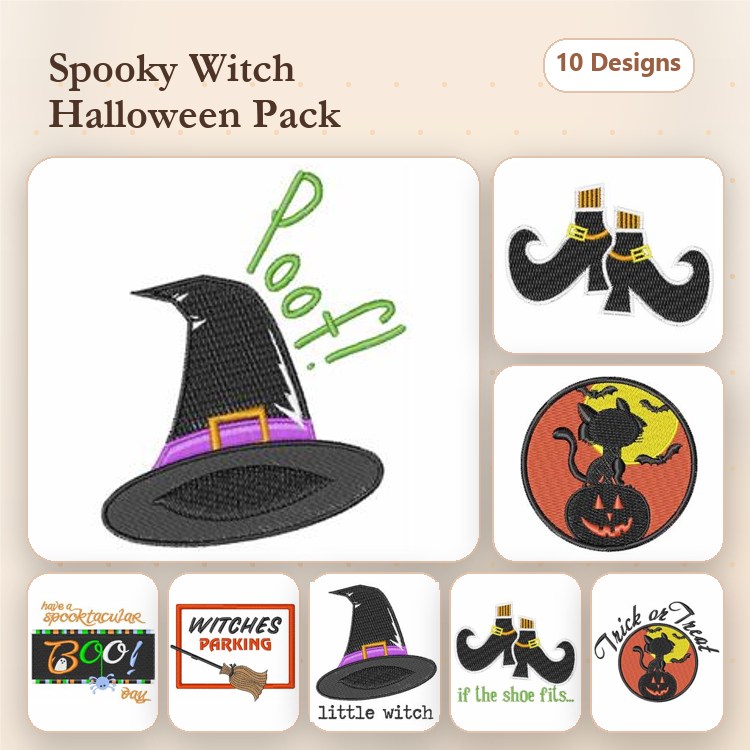 Halloween Witch Embroidery Designs Bundle – Witch Hat, Witch Boots, Pumpkin with Face & More (10 Designs)