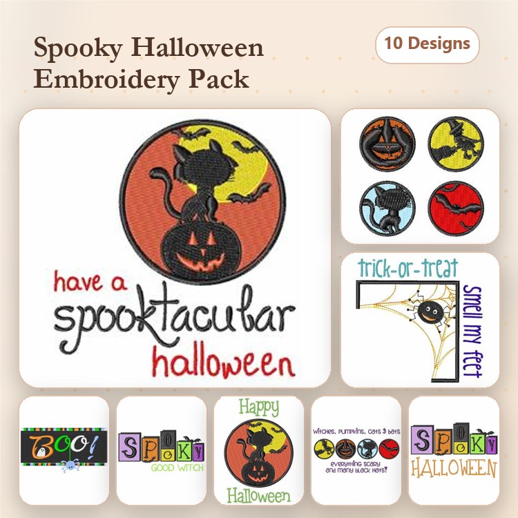 Spooky Halloween Embroidery Designs Bundle – Black Cat with Pumpkin, Halloween Jack-o'-lantern, Spider Web & More (10 Designs)