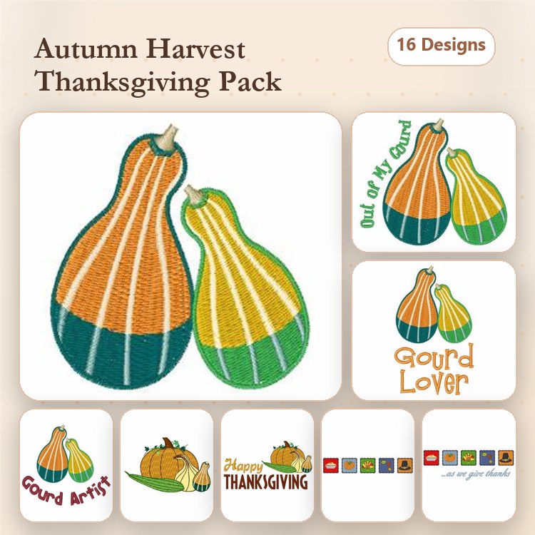 Thanksgiving Gourds Embroidery Designs Bundle – Colorful Gourd Duo, Out of My Gourd, Gourd Lover & More (16 Designs)