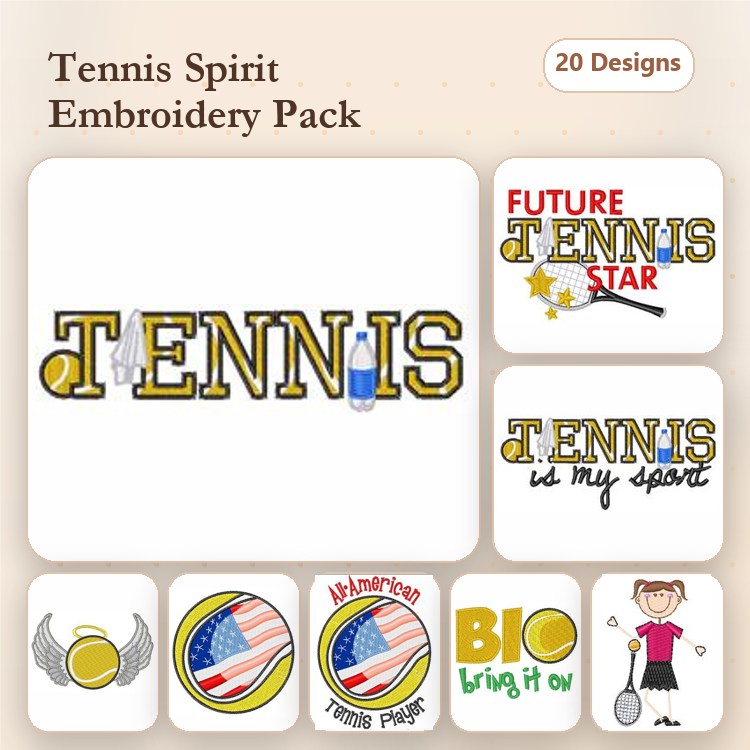 Tennis Themed Embroidery Designs Bundle – Tennis Text, Future Tennis Star, Girl Playing Tennis & More (20 Designs)