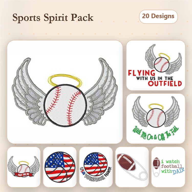 Sports Embroidery Designs Bundle – Baseball with Wings, American Flag, Football & More (20 Designs)