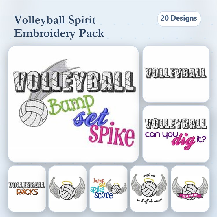 Volleyball Themed Embroidery Designs Bundle – Bump Set Spike, Can You Dig It?, Volleyball Rocks & More (20 Designs)