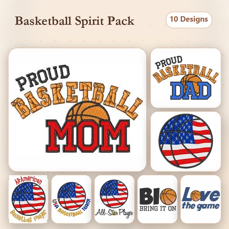 Basketball Embroidery Designs Bundle – Proud Basketball Mom, Proud Basketball Dad, Heart with Basketball & More (10 Designs)