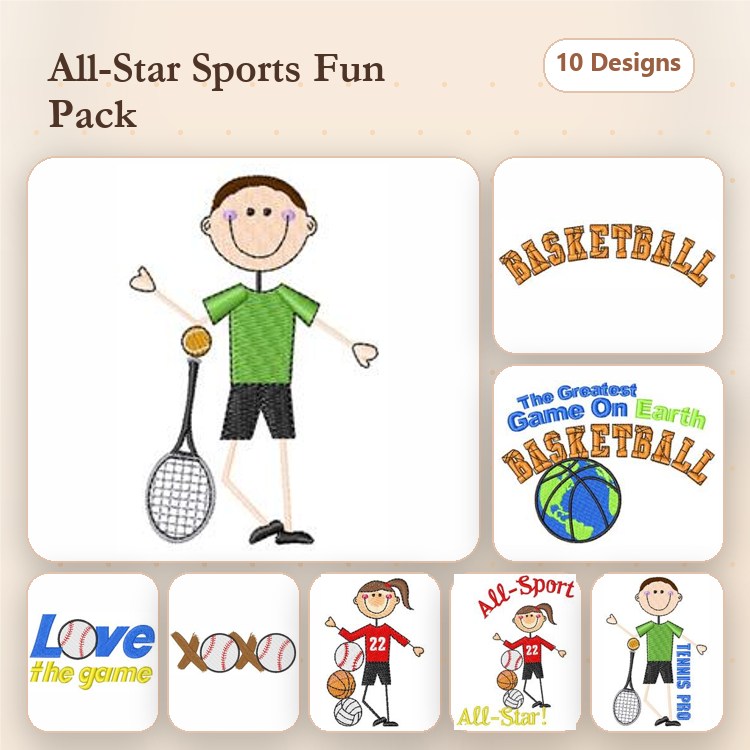 Sports Embroidery Designs Bundle – Basketball Player, Tennis Player, Volleyball Player & More (10 Designs)