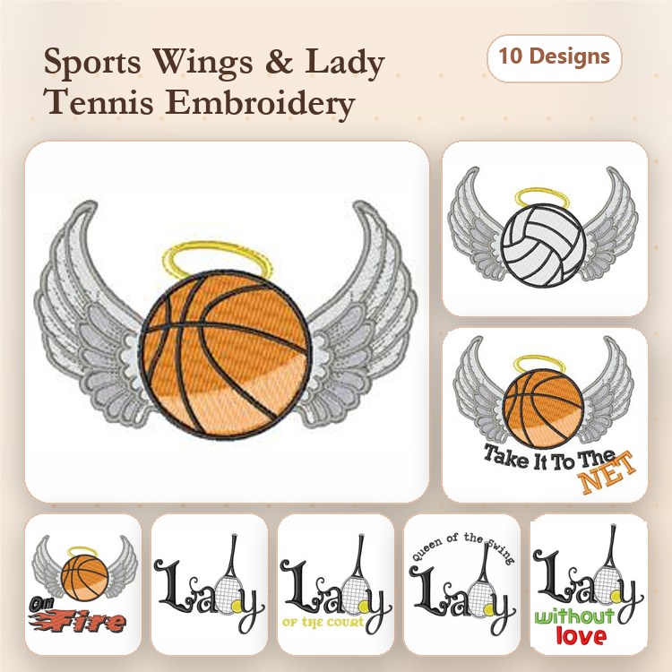 Sports-Themed Embroidery Designs Bundle – Basketball with Wings, Tennis Ball with Wings, Lady with Basketball & More (10 Designs)