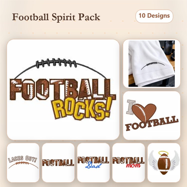 Football Themed Embroidery Designs Bundle – Football Rocks!, I Love Football, Football Dad & More (10 Designs)