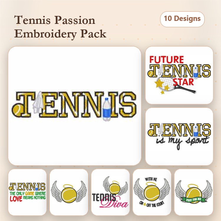 Tennis Embroidery Designs Bundle – Tennis Love, Future Tennis Star, Tennis Diva & More (10 Designs)
