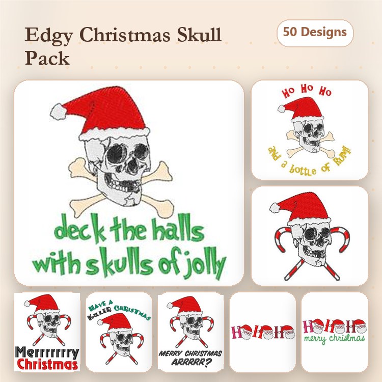 Christmas Skull Embroidery Designs Bundle – Skull with Santa Hat, Deck the Halls with Skulls & More (50 Designs)